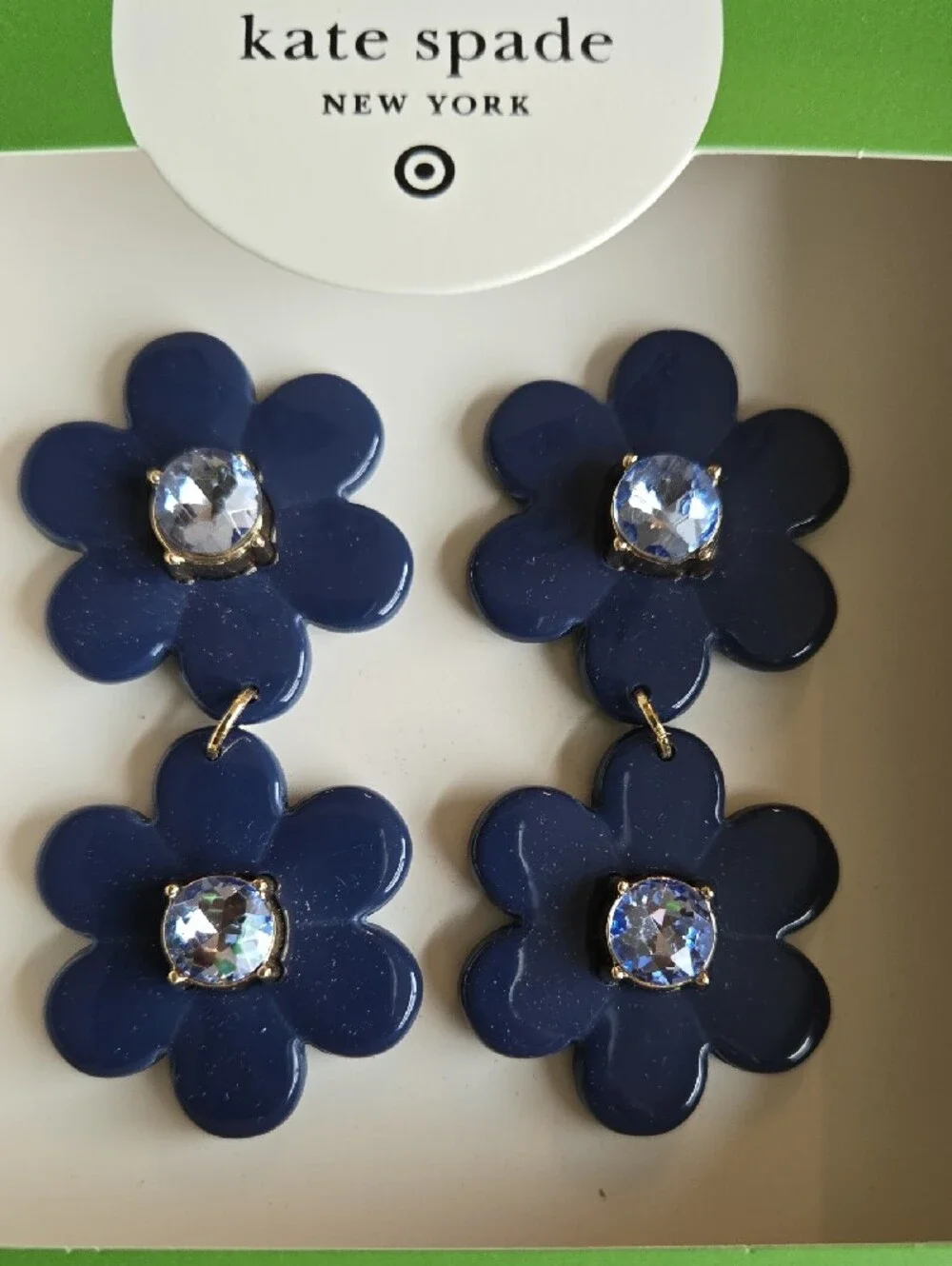 kate spade navy double flower drop earrings with crystal centers